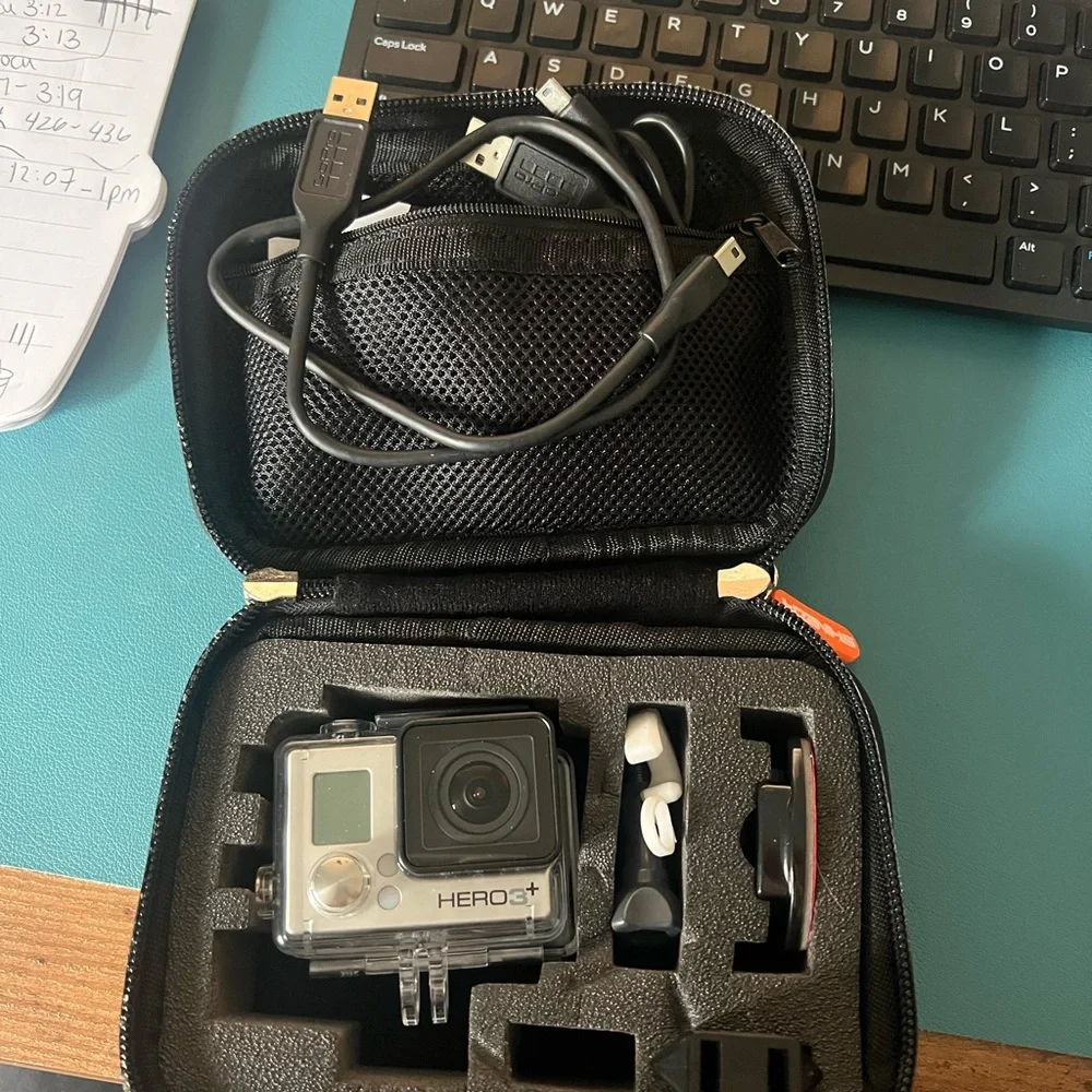 GoPro hero 3 plus silver edition with waterproof case and accessories .